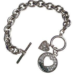 GUESS Silver-tone Heart Charm Toggle Bracelet - Crystal Pavé Charms Link Chain